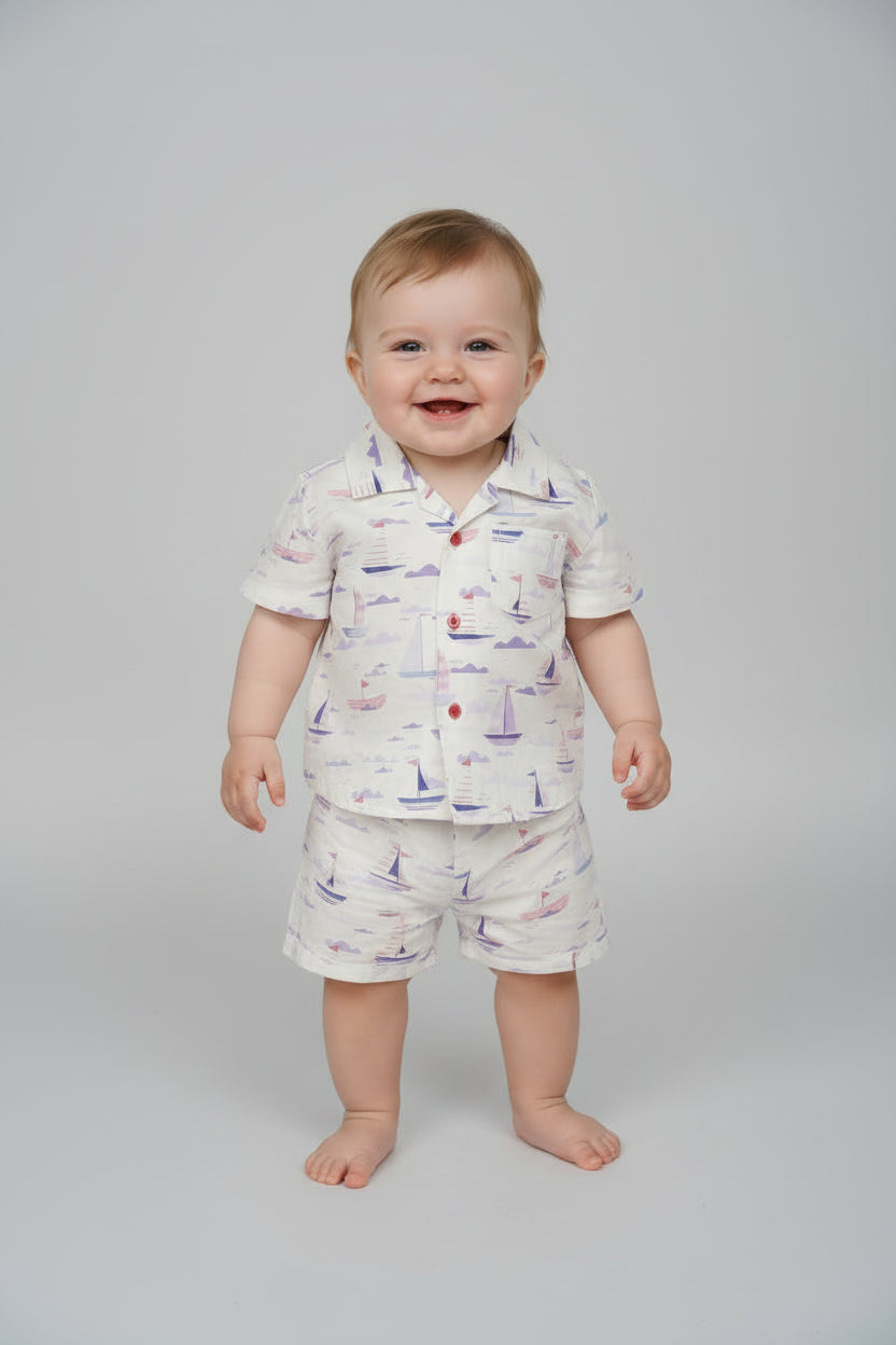 Boys Premium Sailboat Print Summer Shirt & Shorts Set 1418