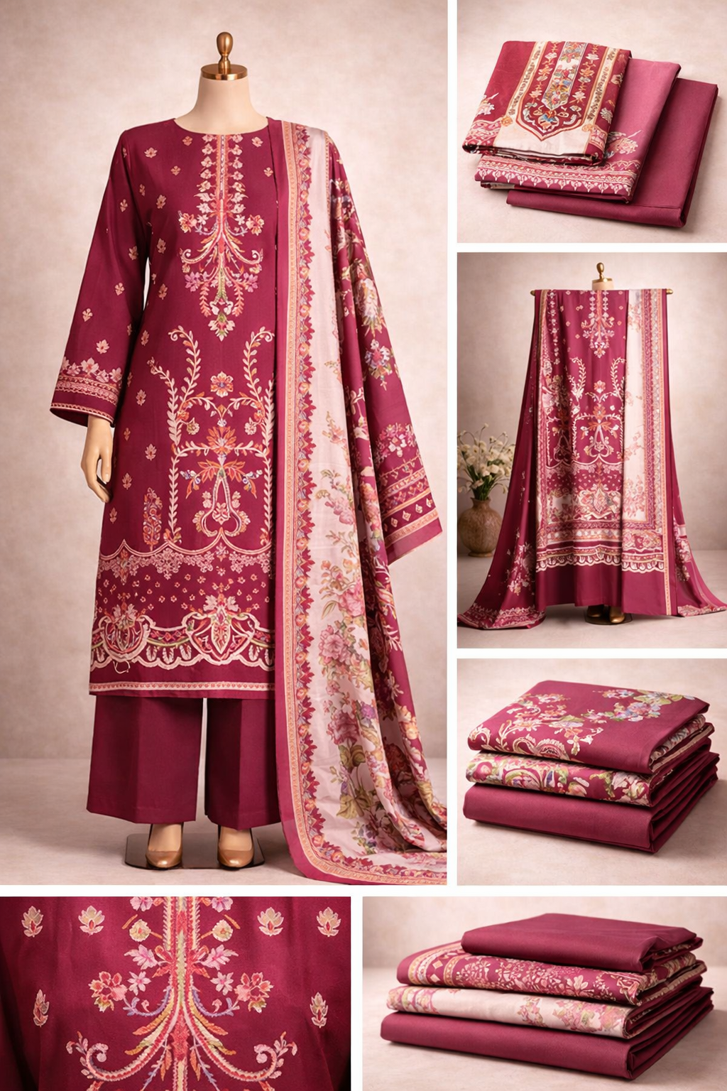 Premium Floral Printed Lawn Three Piece Suit Set 1135