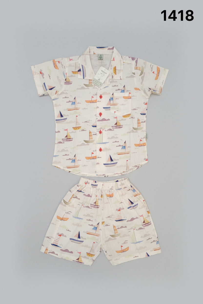 Boys Premium Sailboat Print Summer Shirt & Shorts Set 1418
