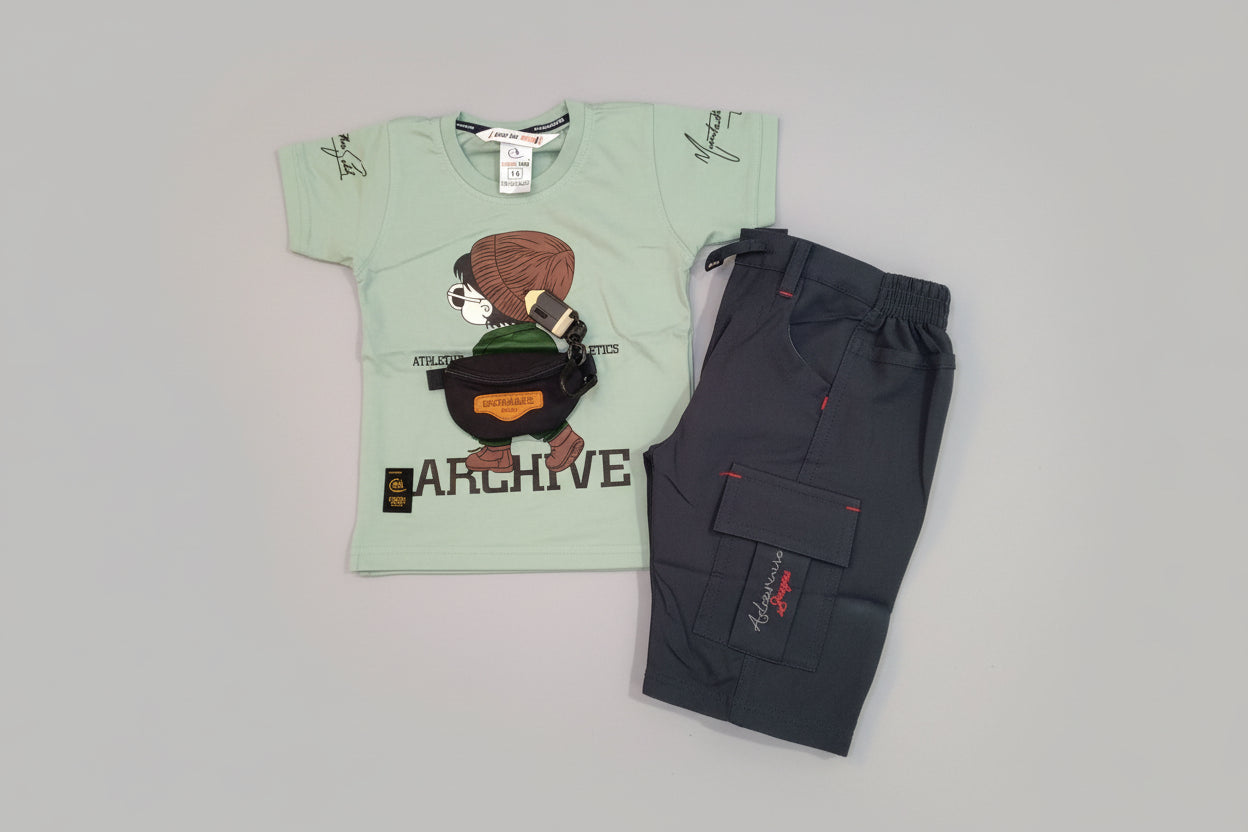 Boys “ARCHIVE Athletics” Graphic T-Shirt & Cargo Jogger Set (With Mini Crossbody Pouch) 336