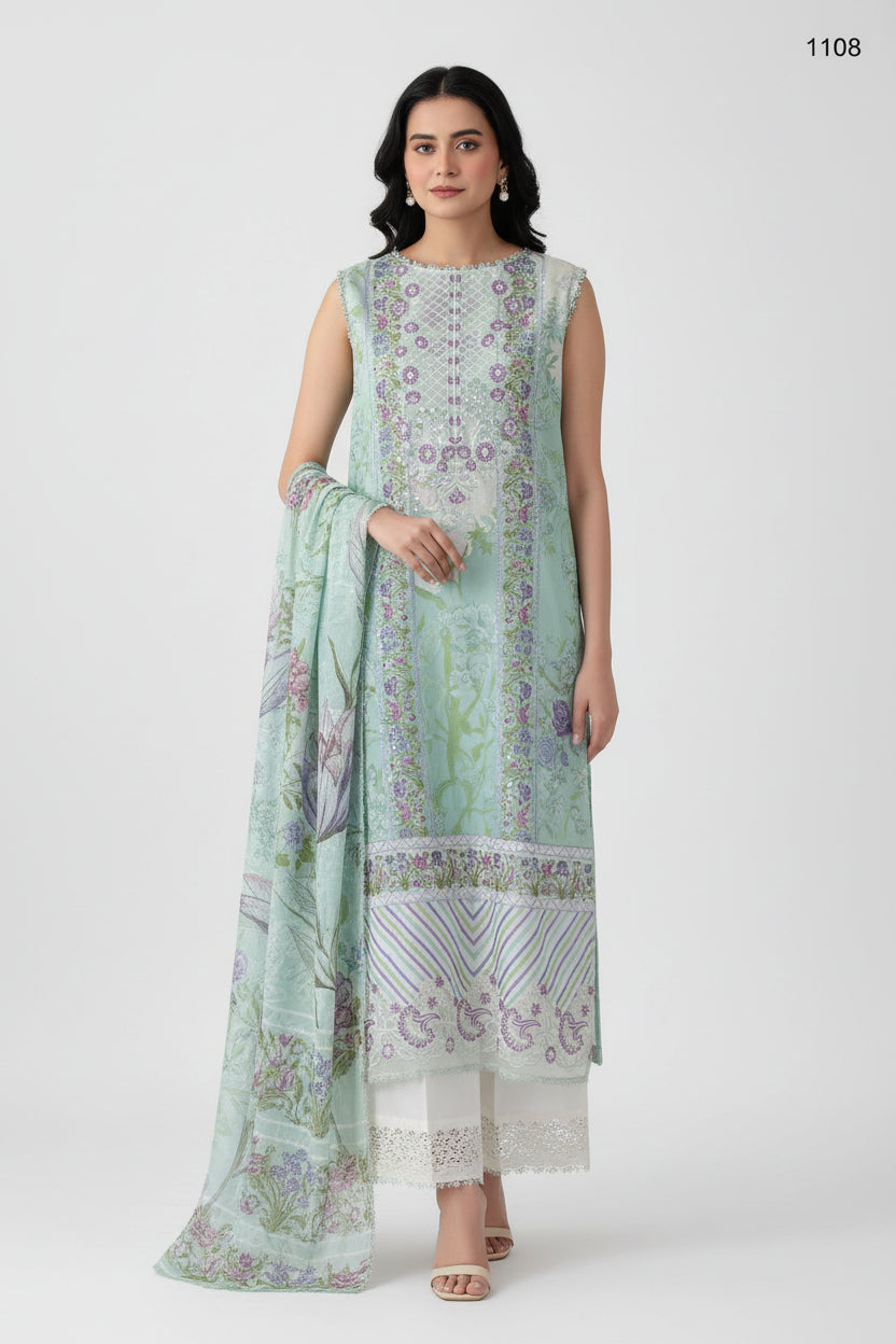 Premium Floral Printed Lawn Three Piece Suit Set 1108