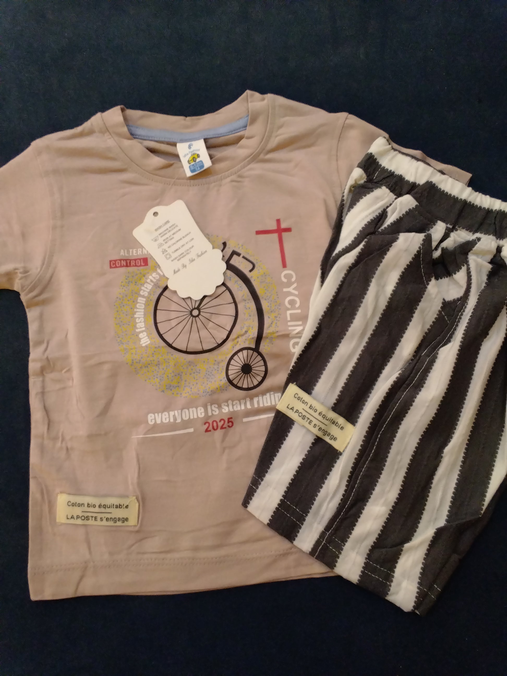 Boys Cycling Print T-Shirt & Striped Shorts Set (2-Piece Casual Wear)329