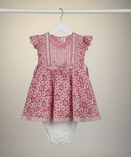Baby Girls Printed Cotton Dress with Matching Bloomers – Embellished Casual & Party Wear Outfit.193.