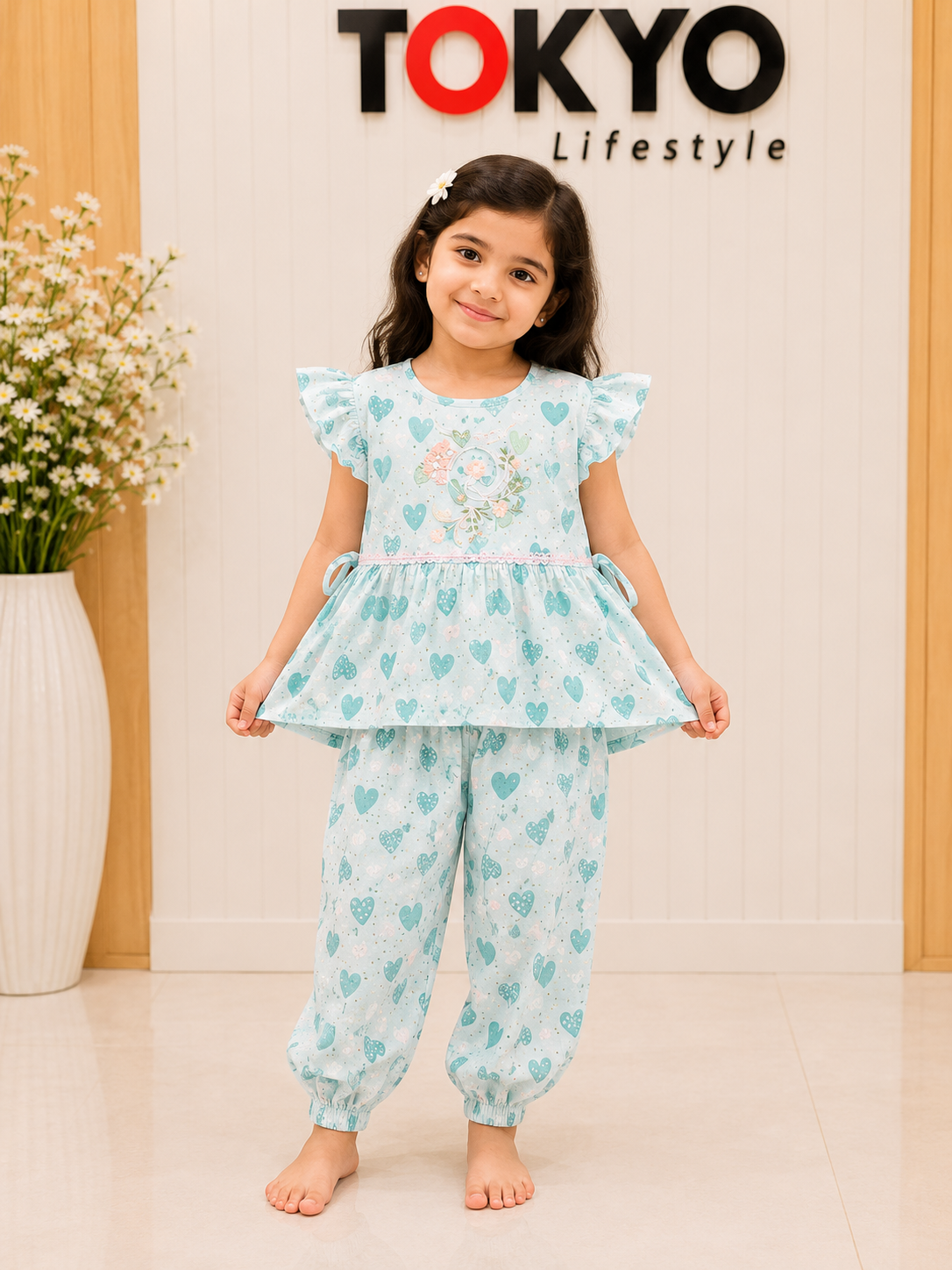 Baby Girls Heart Print Peplum Top & Pants Set — Soft Cotton Outfit 1404