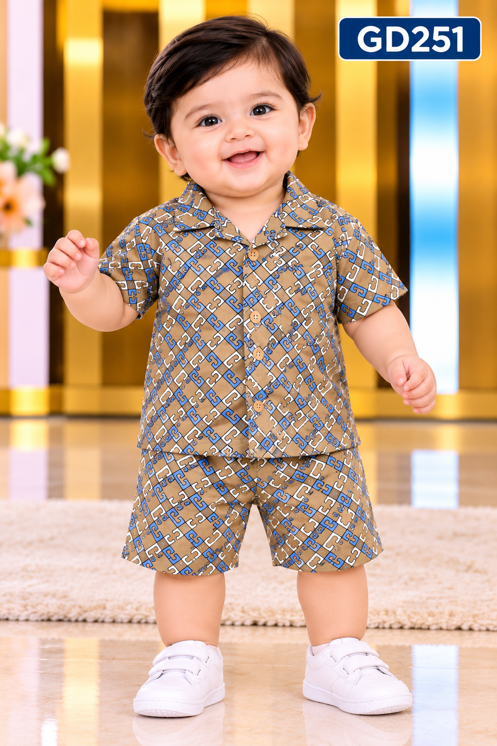GD251 Baby Boys Signature Print Shirt & Shorts Set
