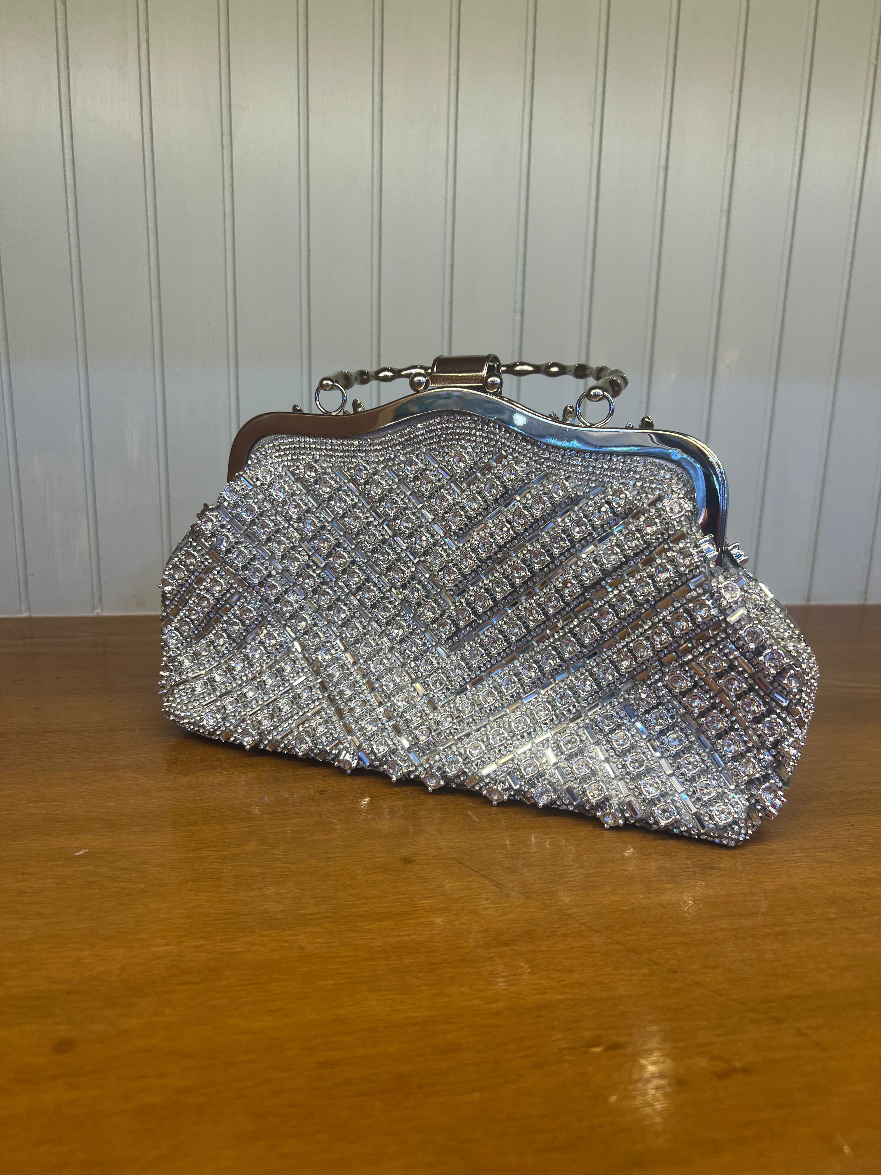 Silver Crystal Embellished Evening Clutch Bag
