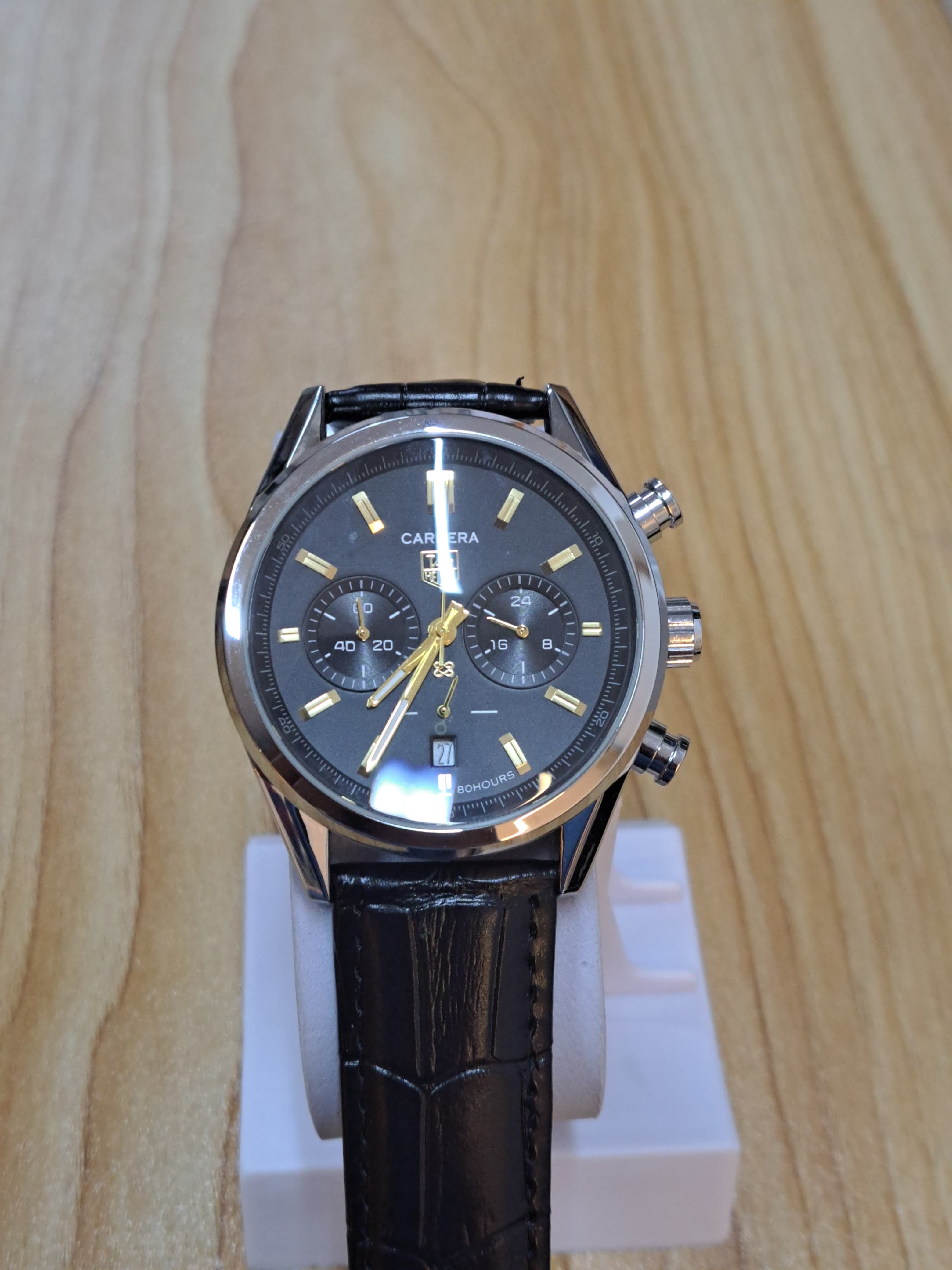 CS 101 Luxury Chronograph Black Dial Leather Strap Watch