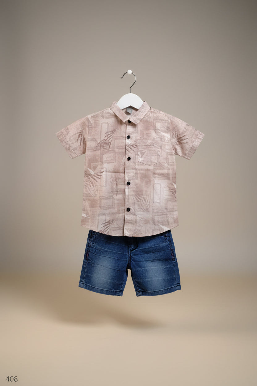 Kids Premium Printed Shirt & Denim Shorts Set 408