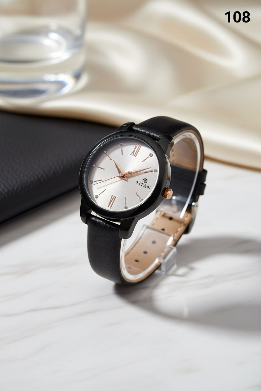 LW 108 Titan Elegant Ladies Black Leather Strap Watch
