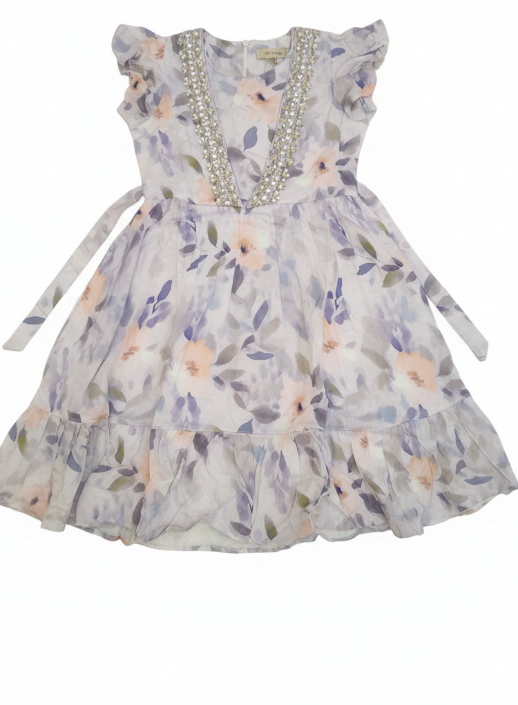 Girls Floral Printed Short Sleeve Party Frock A72