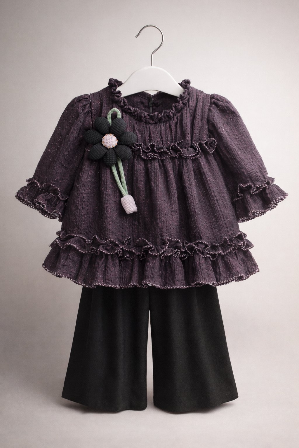 Baby Girls Textured Ruffle Top & Wide-Leg Pant Set-860
