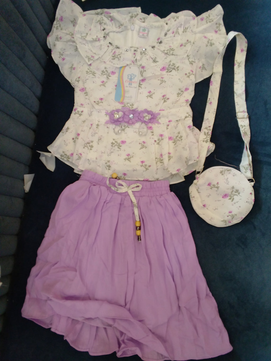 Baby Girls Floral Top & Flowy Skirt with Mini Sling Bag – 3-Piece Set.165.
