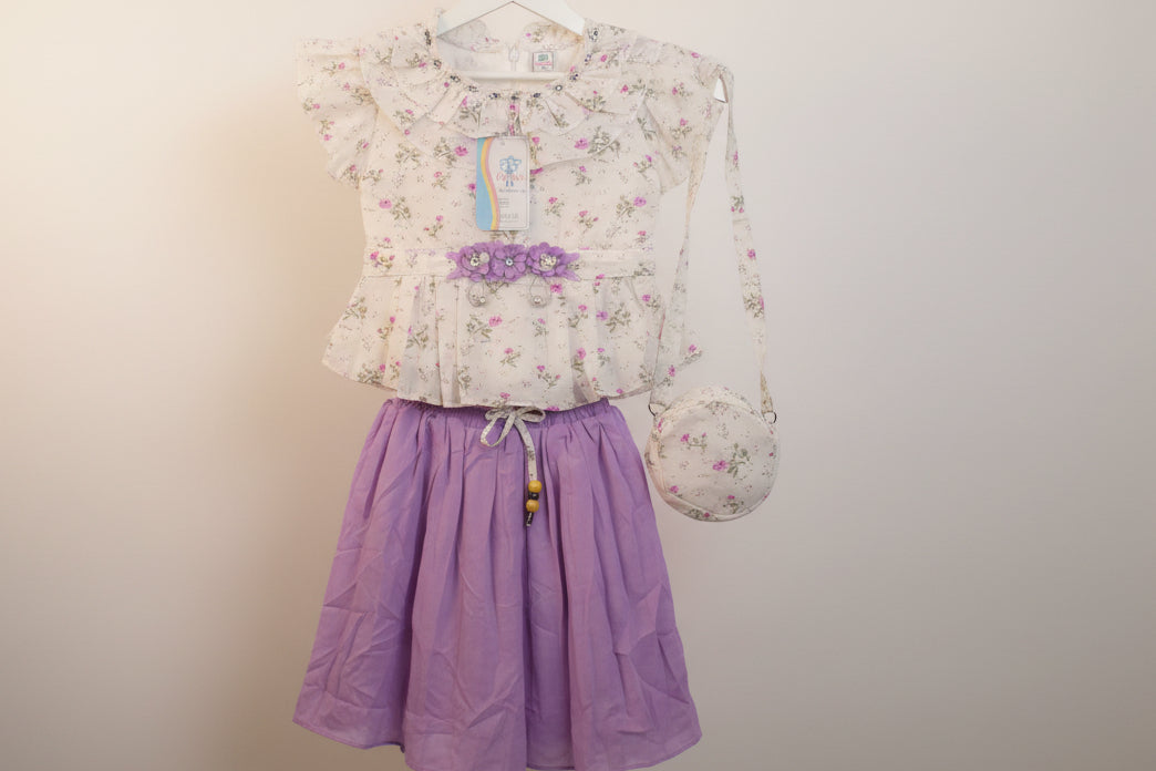 Baby Girls Floral Top & Flowy Skirt with Mini Sling Bag – 3-Piece Set.165.