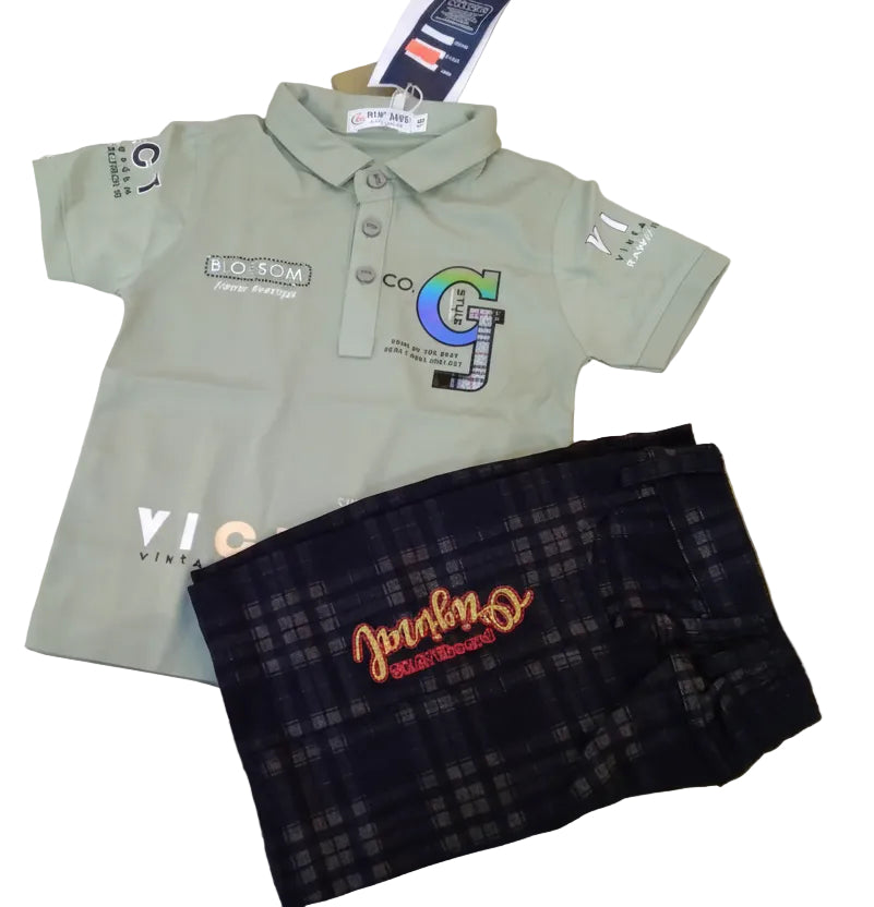 Boys Polo T-Shirt & Check Shorts Set – Premium Summer Outfit 364