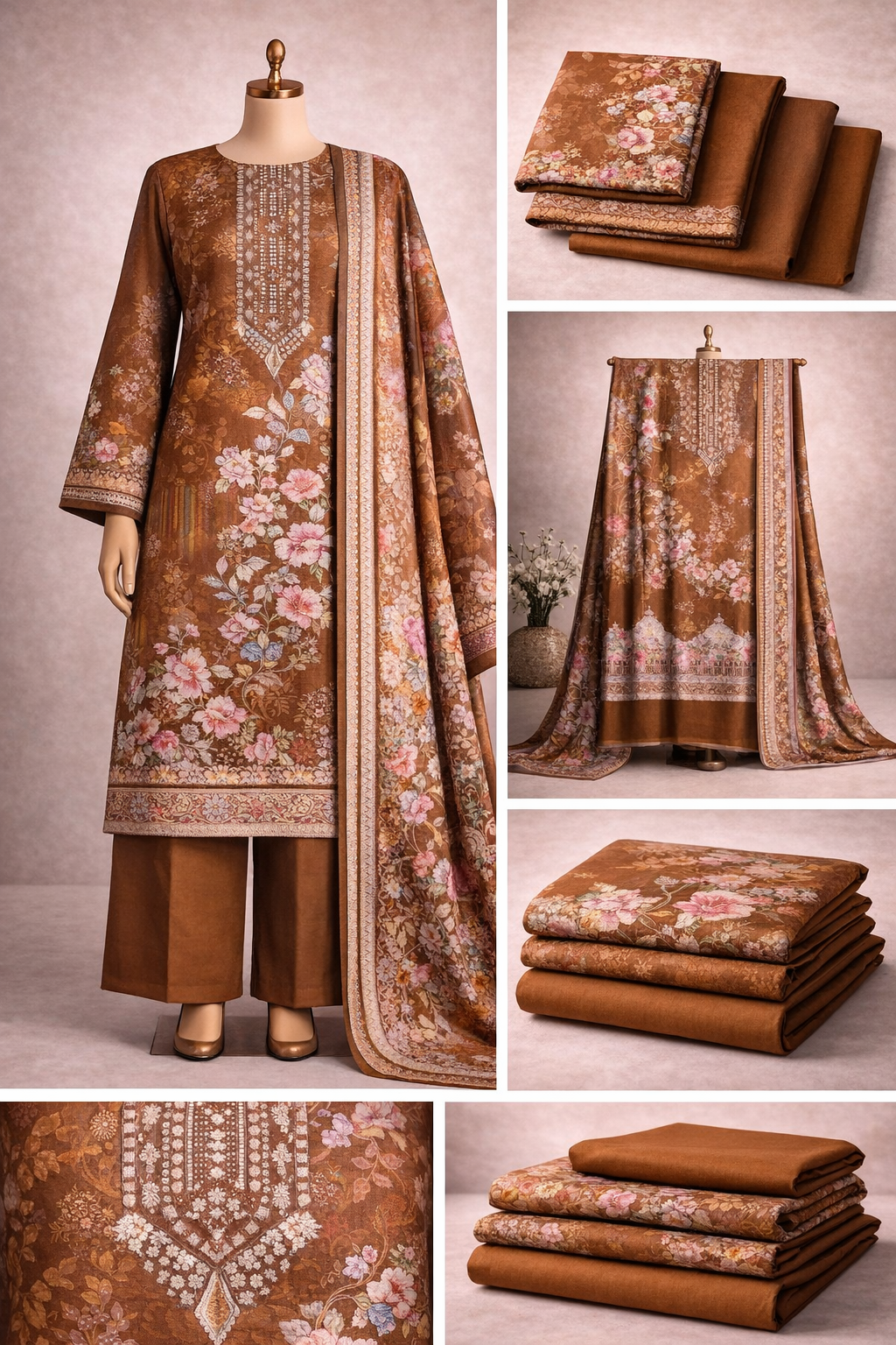 Premium Floral Printed Lawn Three Piece Suit Set 1143