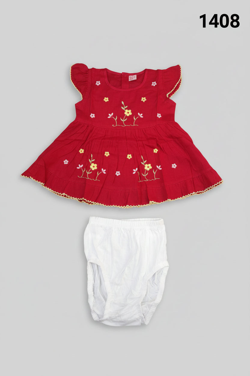 Baby Girl Floral Embroidered Cotton Frock and Diaper Cover Set 1408