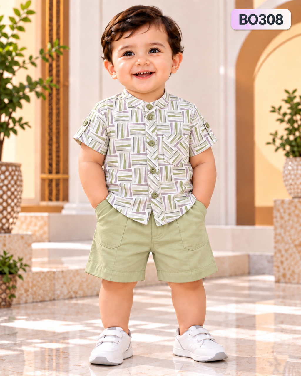 Premium Boys Printed Cuban Collar Shirt & Shorts Set-BO308