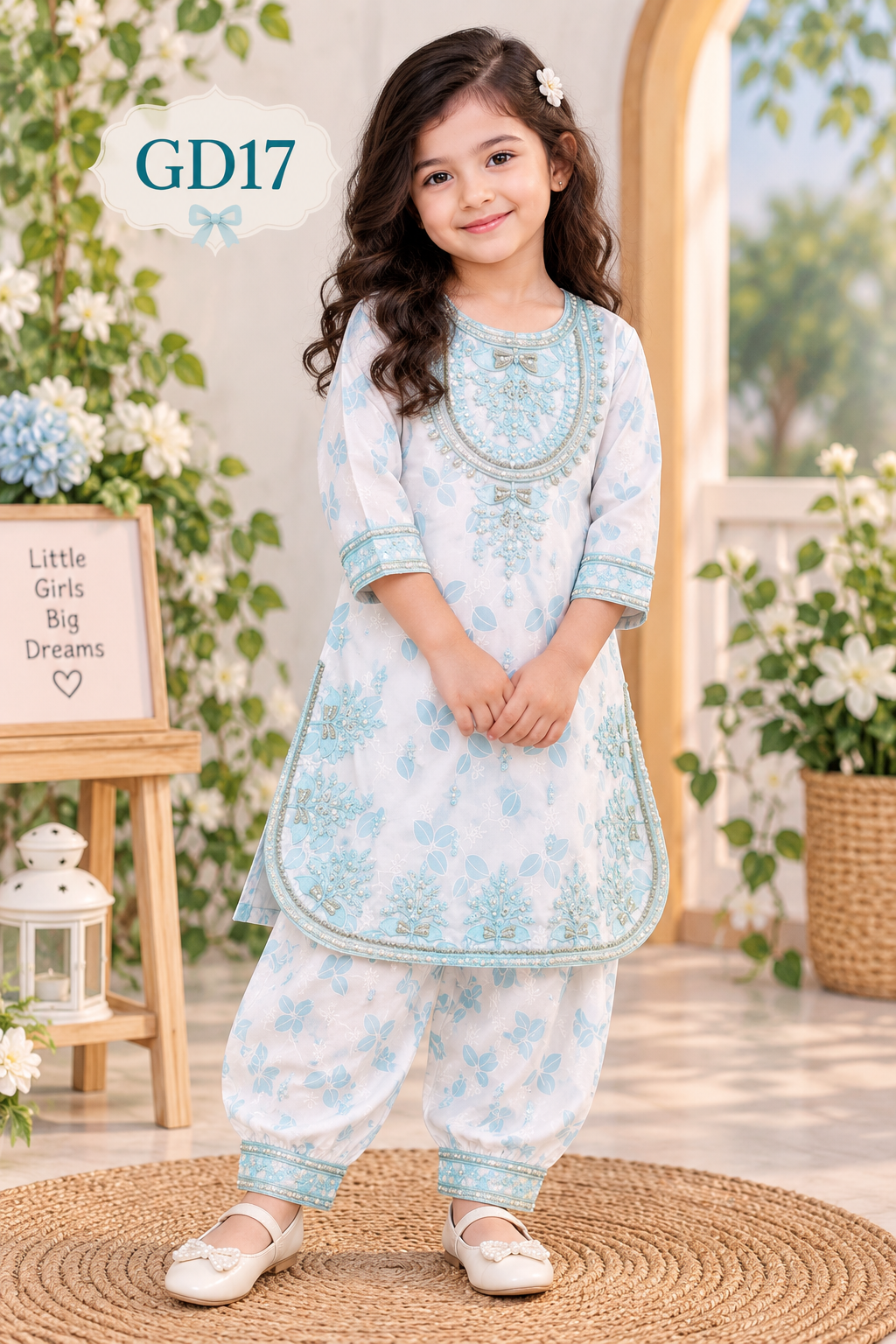 Girls’ Premium Floral Embroidered Tunic & Pant Set – GD17