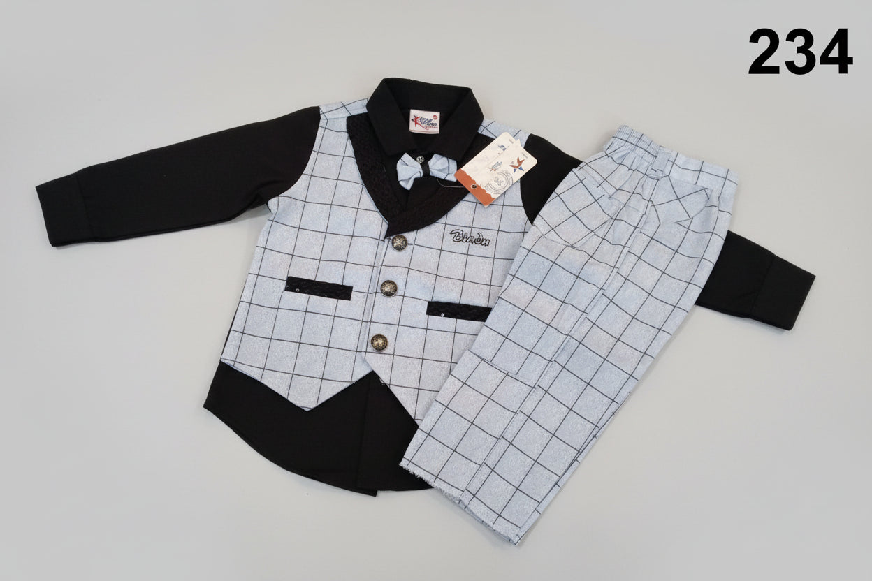 Boys Premium Checkered Party Suit Set with Waistcoat & Bow Tie 234