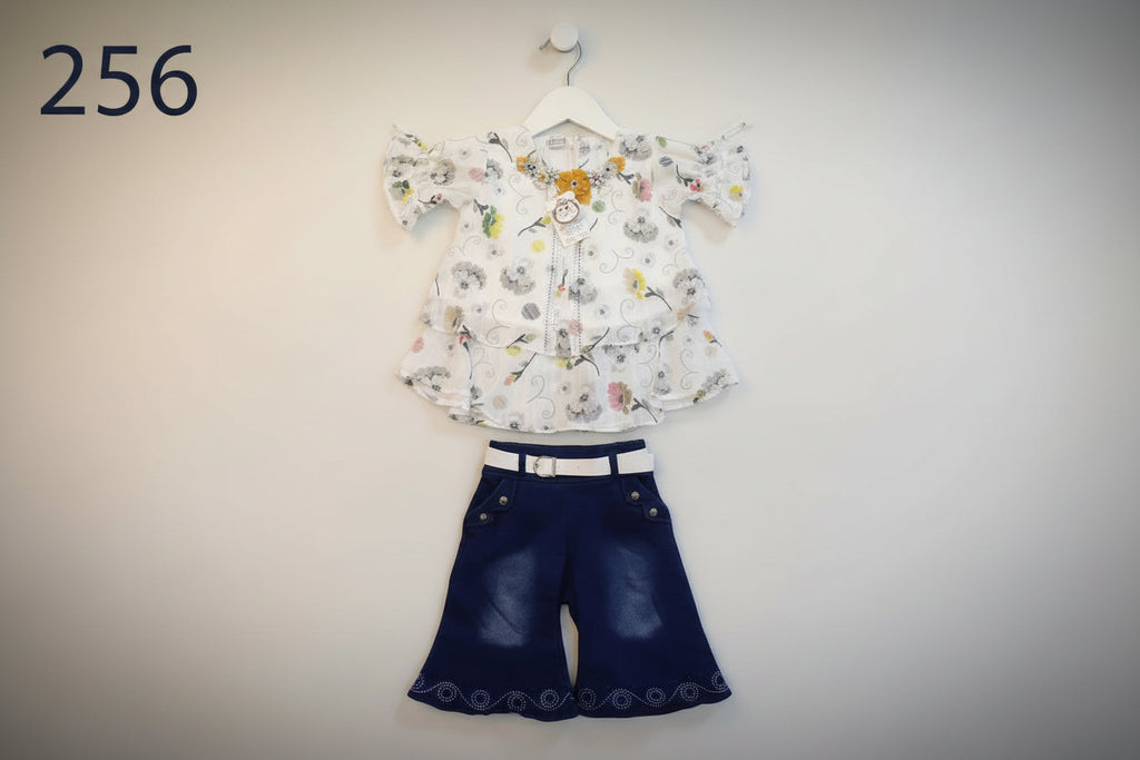 Baby Girls Floral Top & Navy Skirt Set with Belt 256