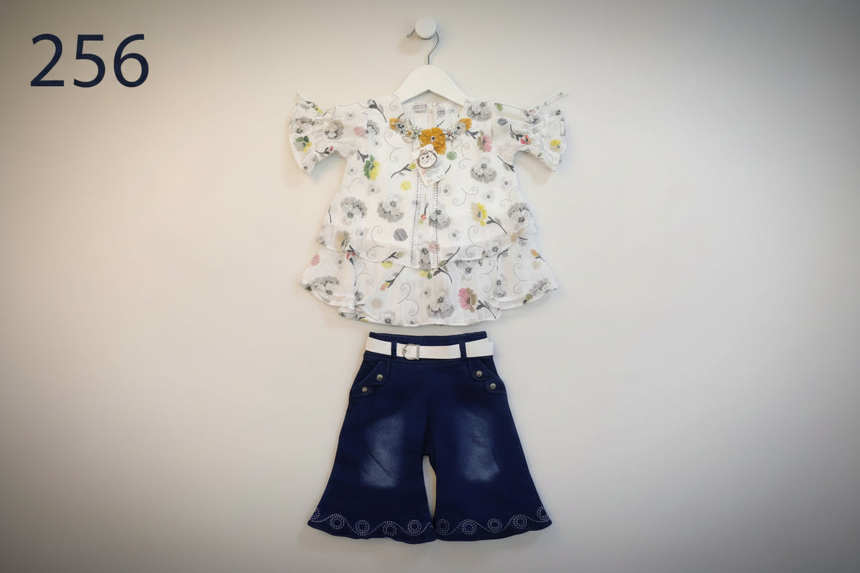Baby Girls Floral Top & Navy Skirt Set with Belt 256