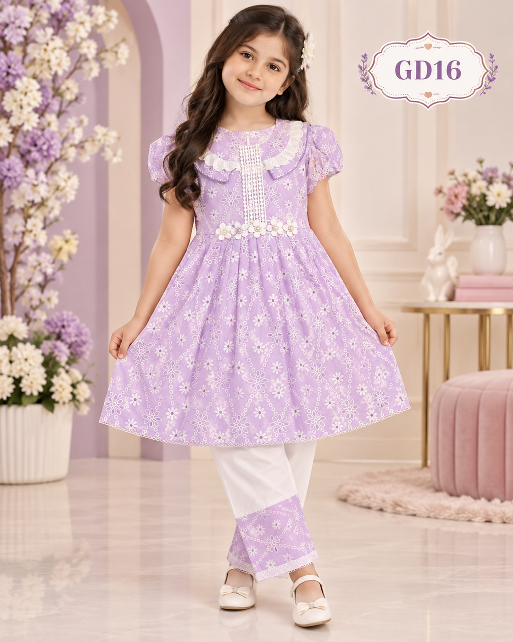 Girls’ Premium Floral Embroidered Tunic & Pant Set – GD16
