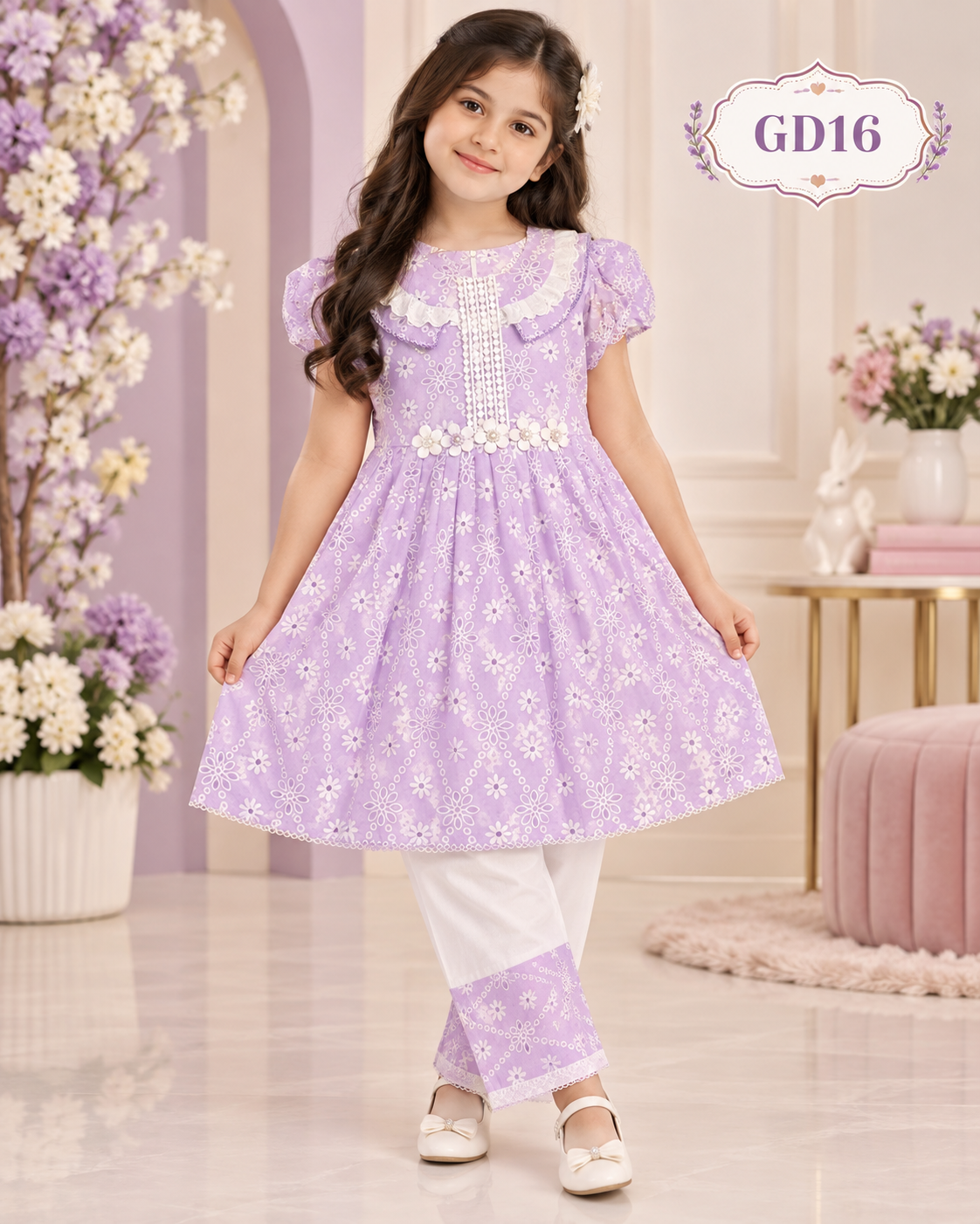 Girls’ Premium Floral Embroidered Tunic & Pant Set – GD16
