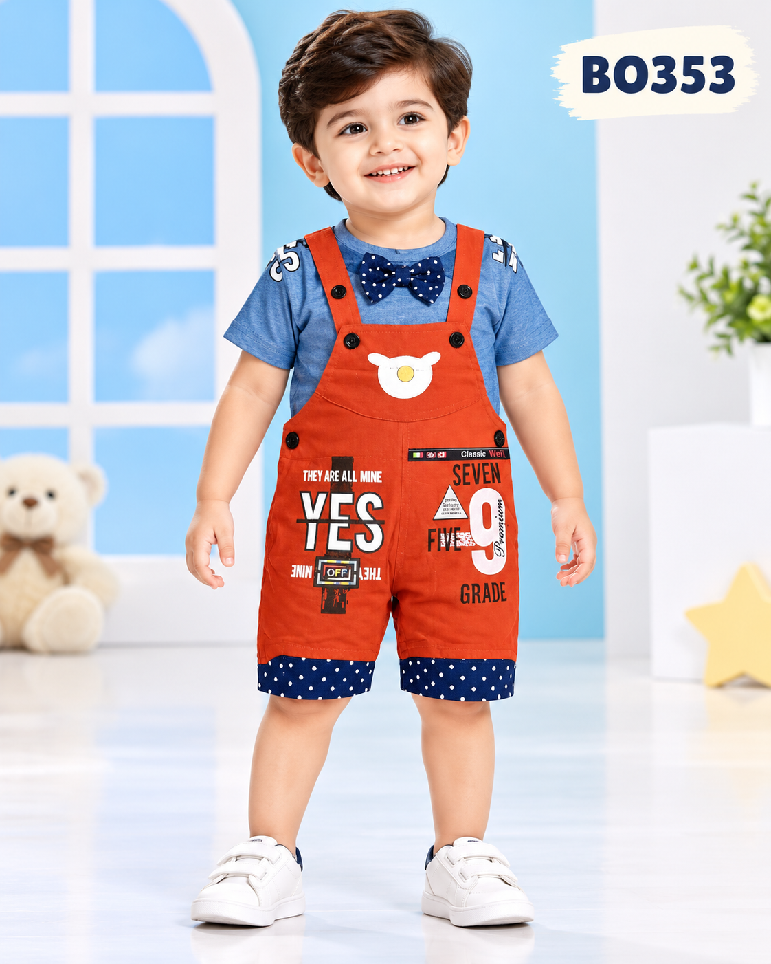 Boys Premium Bow Tie T-Shirt & Printed Dungaree Shorts Set-BO353