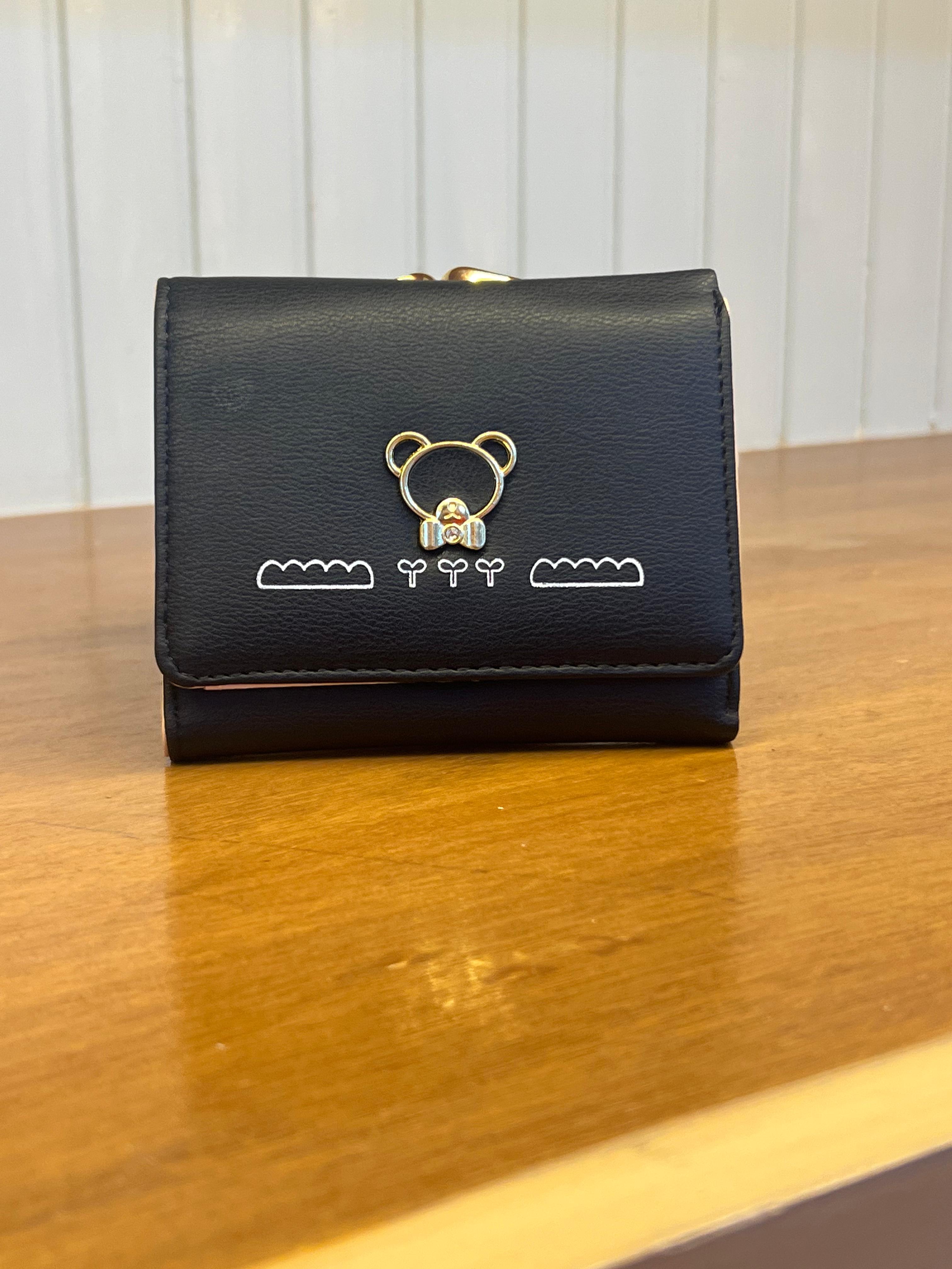 Cute Bear Lock Mini Wallet for Women – Black & Peach