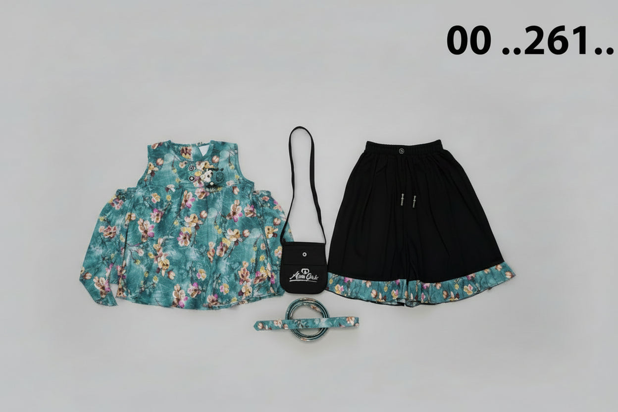 Girls Floral Cold-Shoulder Top & Black Pants Set 261