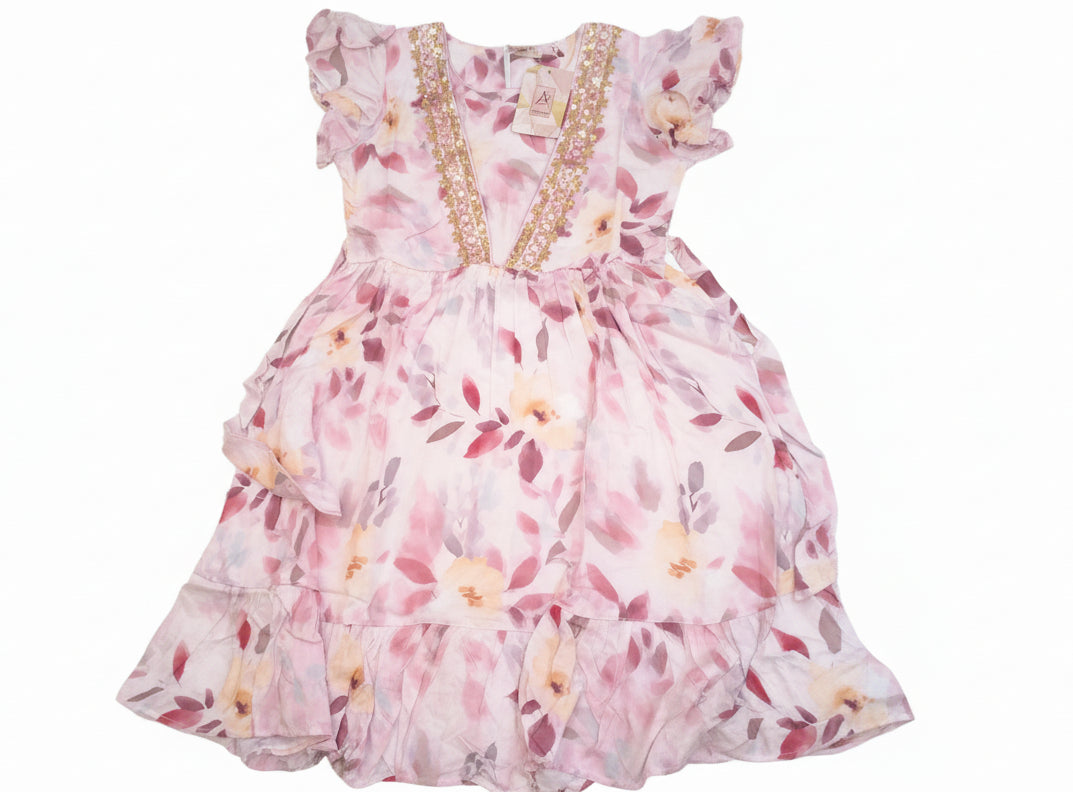 Girls Floral Printed Short Sleeve Party Frock A72