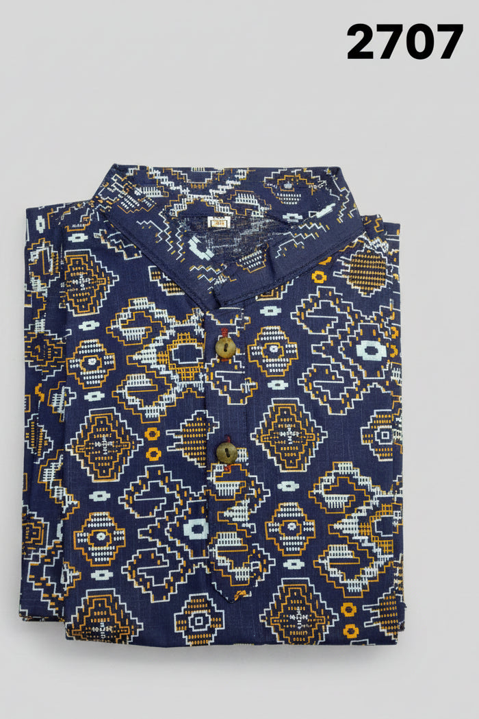 Boys Blue Printed Short Sleeve Mandarin Collar Shirt 2707