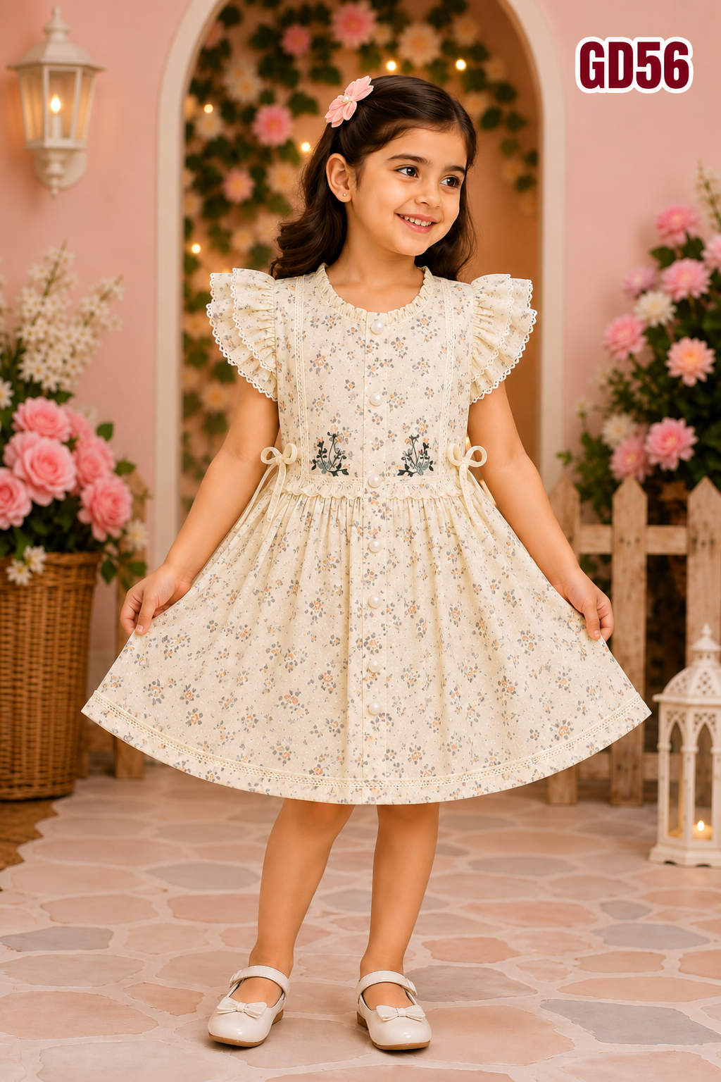Floral Flutter Sleeve Girls Dress-GD56