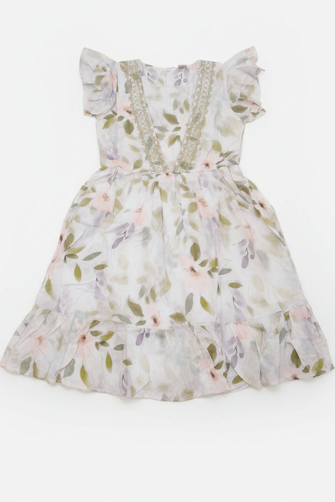 Girls Floral Printed Short Sleeve Party Frock A72