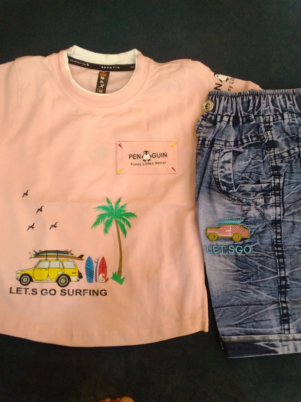 Kids Boys “Let’s Go Surfing” Printed T-Shirt & Denim Shorts Set 245