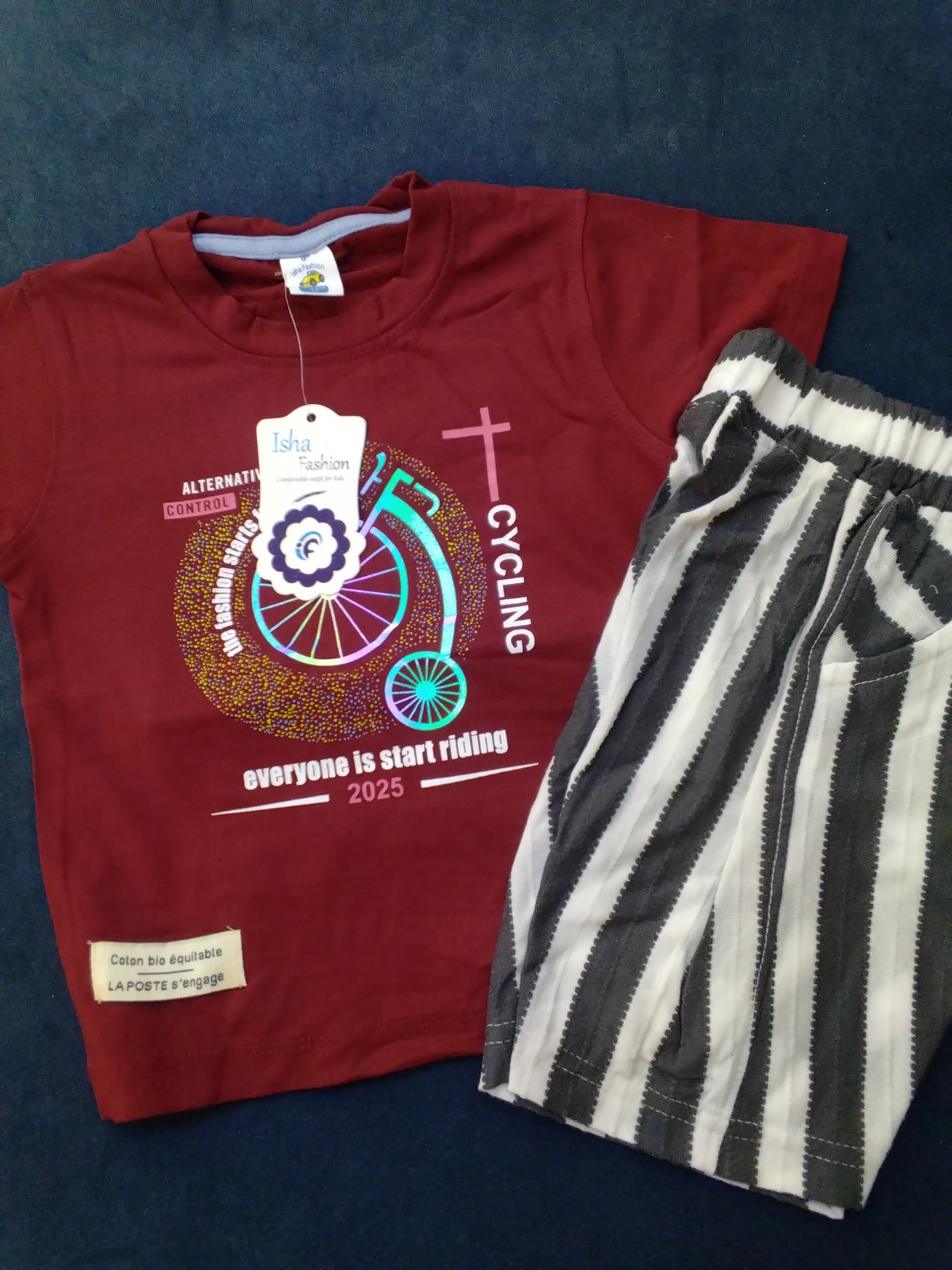 Boys Cycling Print T-Shirt & Striped Shorts Set (2-Piece Casual Wear)329