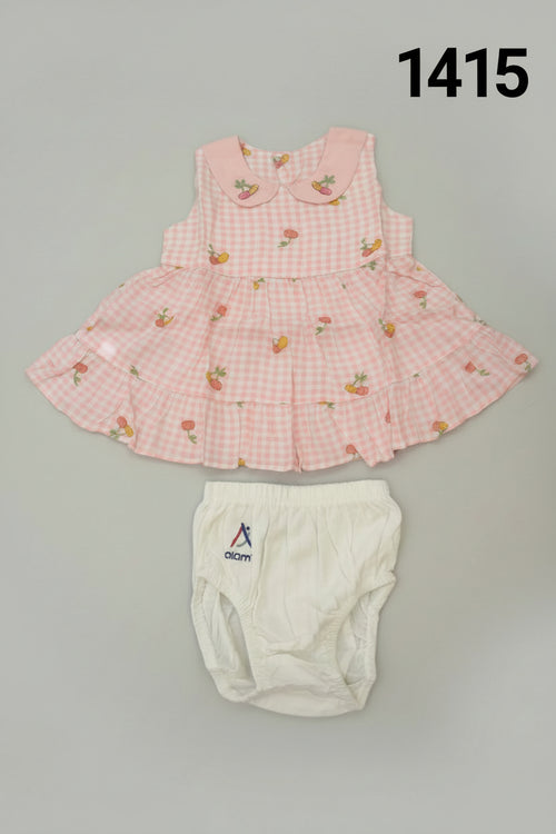 Baby Girls Carrot Print Gingham Tiered Dress Set with Bloomers 1415
