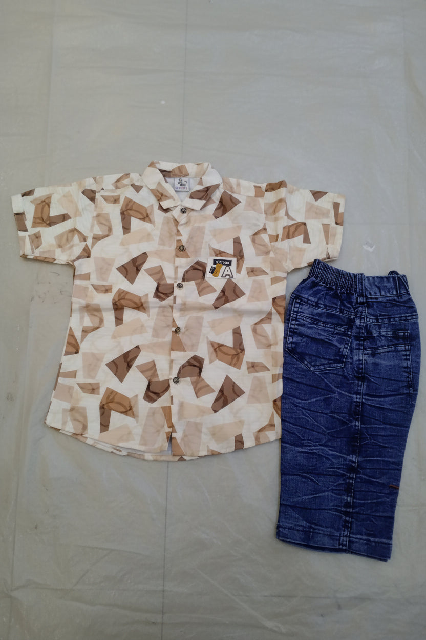 Boys Geometric Print Casual Shirt & Denim Short Set 220