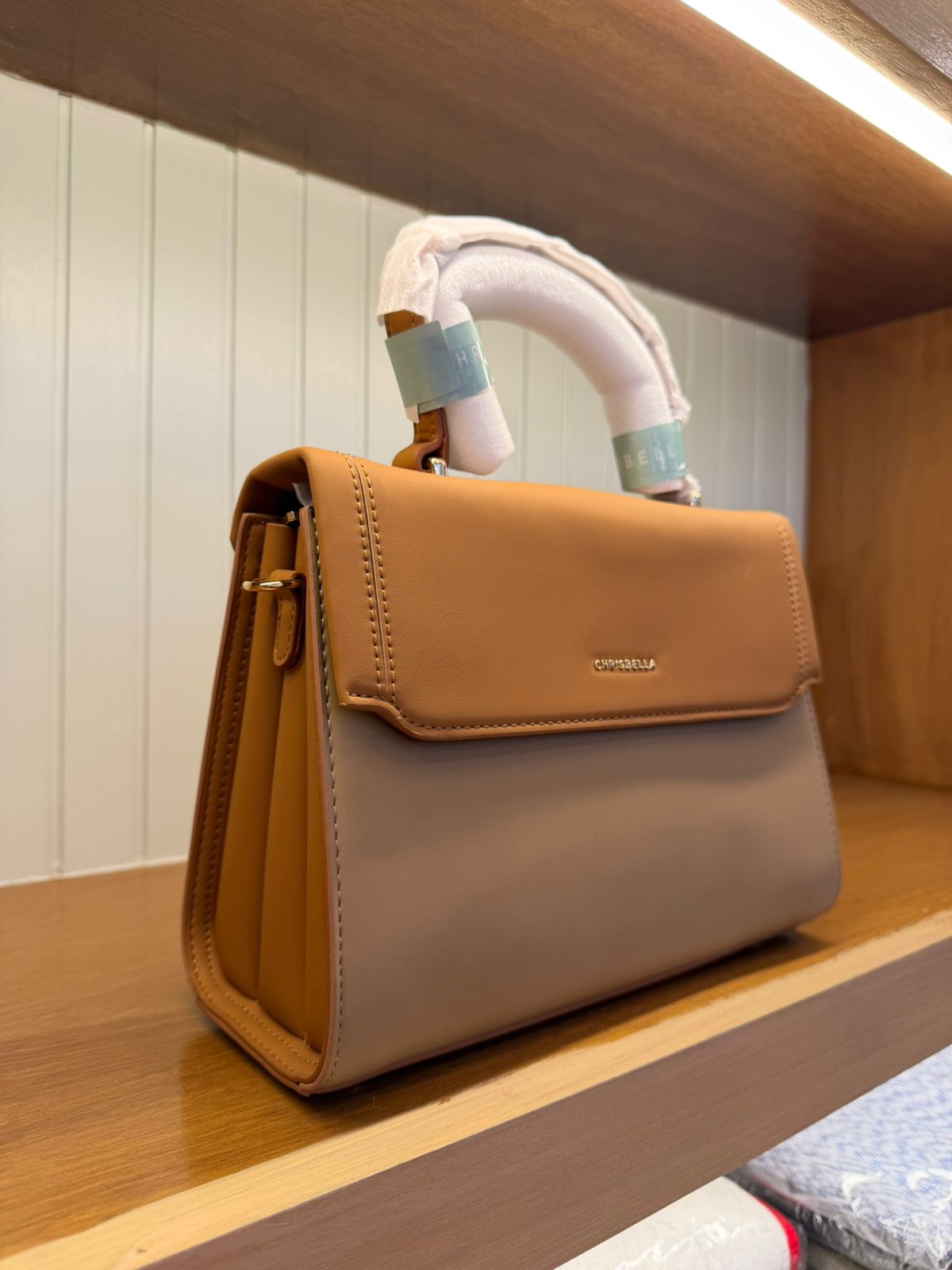 Women’s Two-Tone Structured Handbag with Long Strap & Mini Pouch