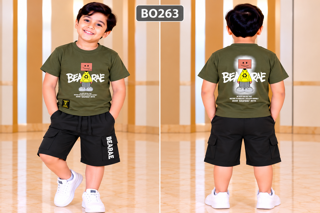 Boys Bearare Graphic T-Shirt & Black Cargo Shorts Set – BO263