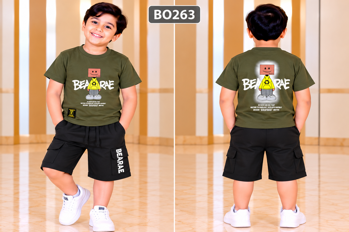 Boys Bearare Graphic T-Shirt & Black Cargo Shorts Set – BO263