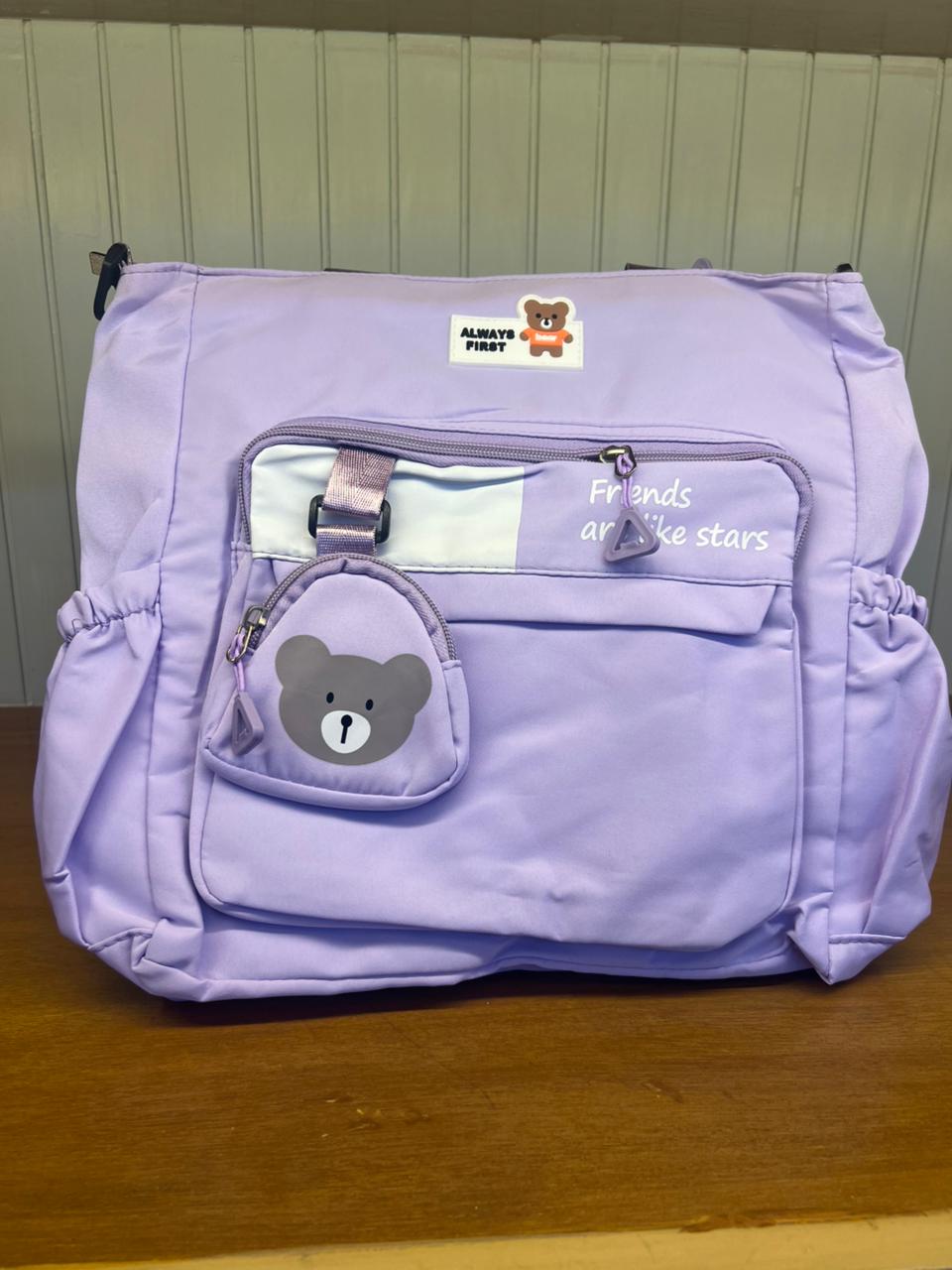 Cute Purple Tote Bag with Mini Bear Pouch – “Friends Are Like Stars” Design