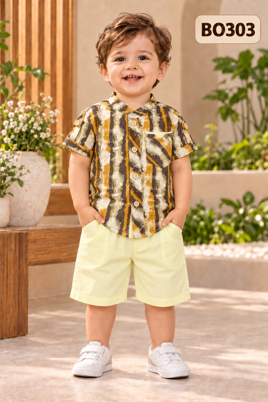 Boys Abstract Stripe Shirt & Shorts Set-BO303