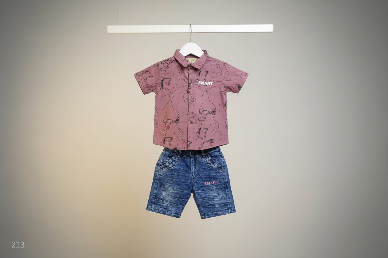 Baby Boys Smart Printed Shirt & Denim Shorts Set 213