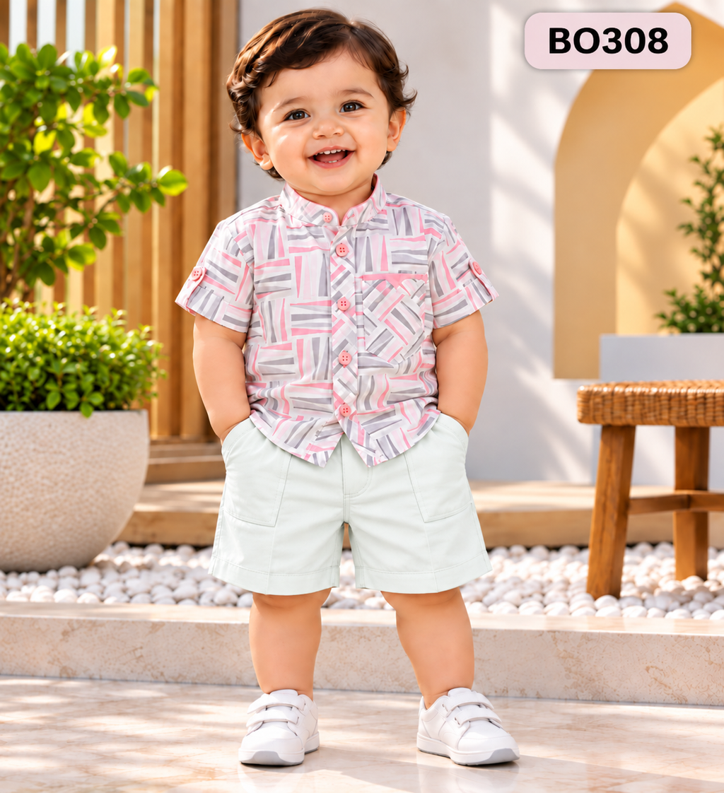 Premium Boys Printed Cuban Collar Shirt & Shorts Set-BO308