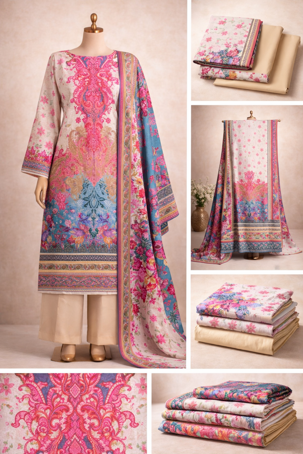 Premium Floral Printed Lawn Three Piece Suit Set 1130