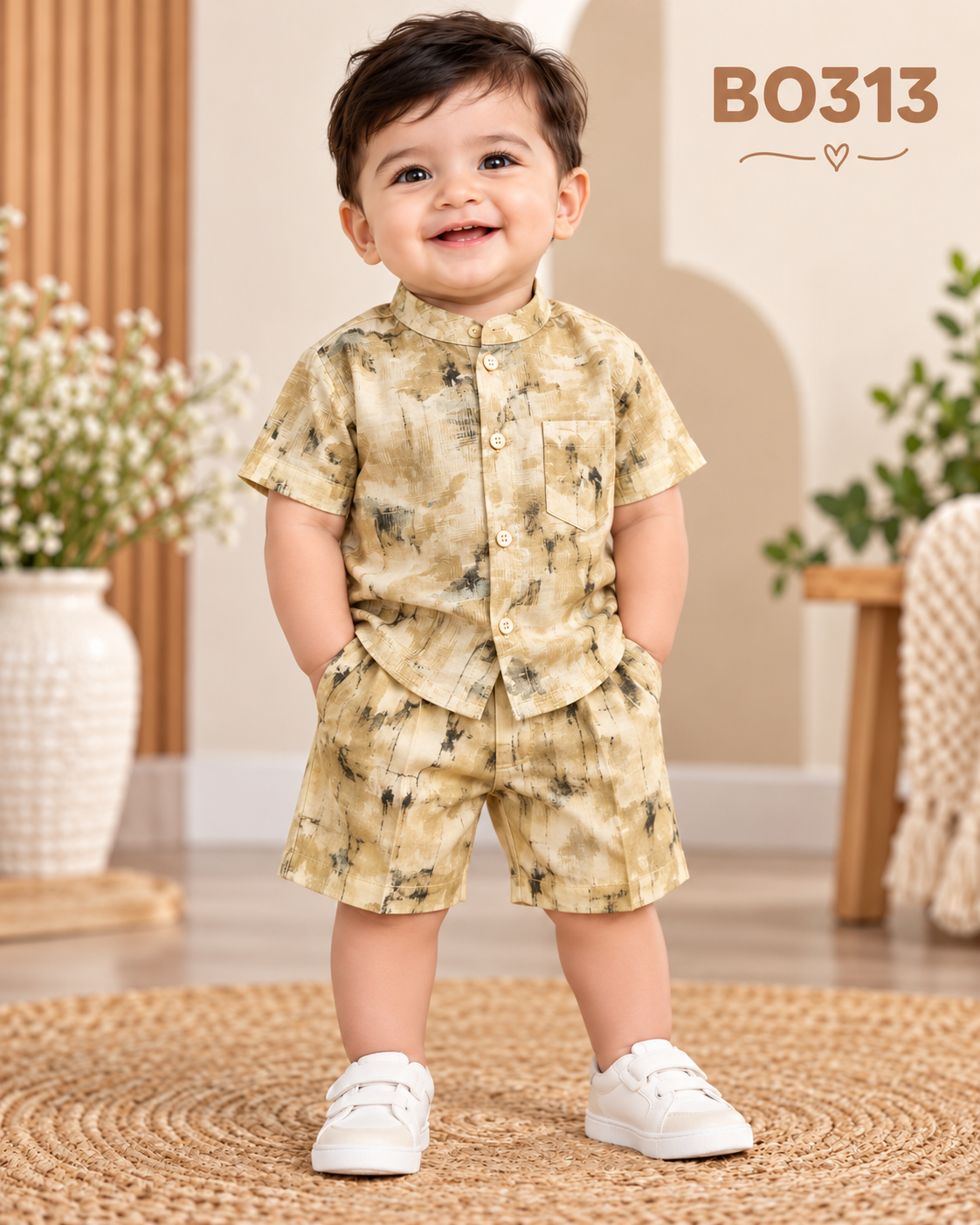 Boys Abstract Print Mandarin Collar Shirt & Shorts Set-BO313