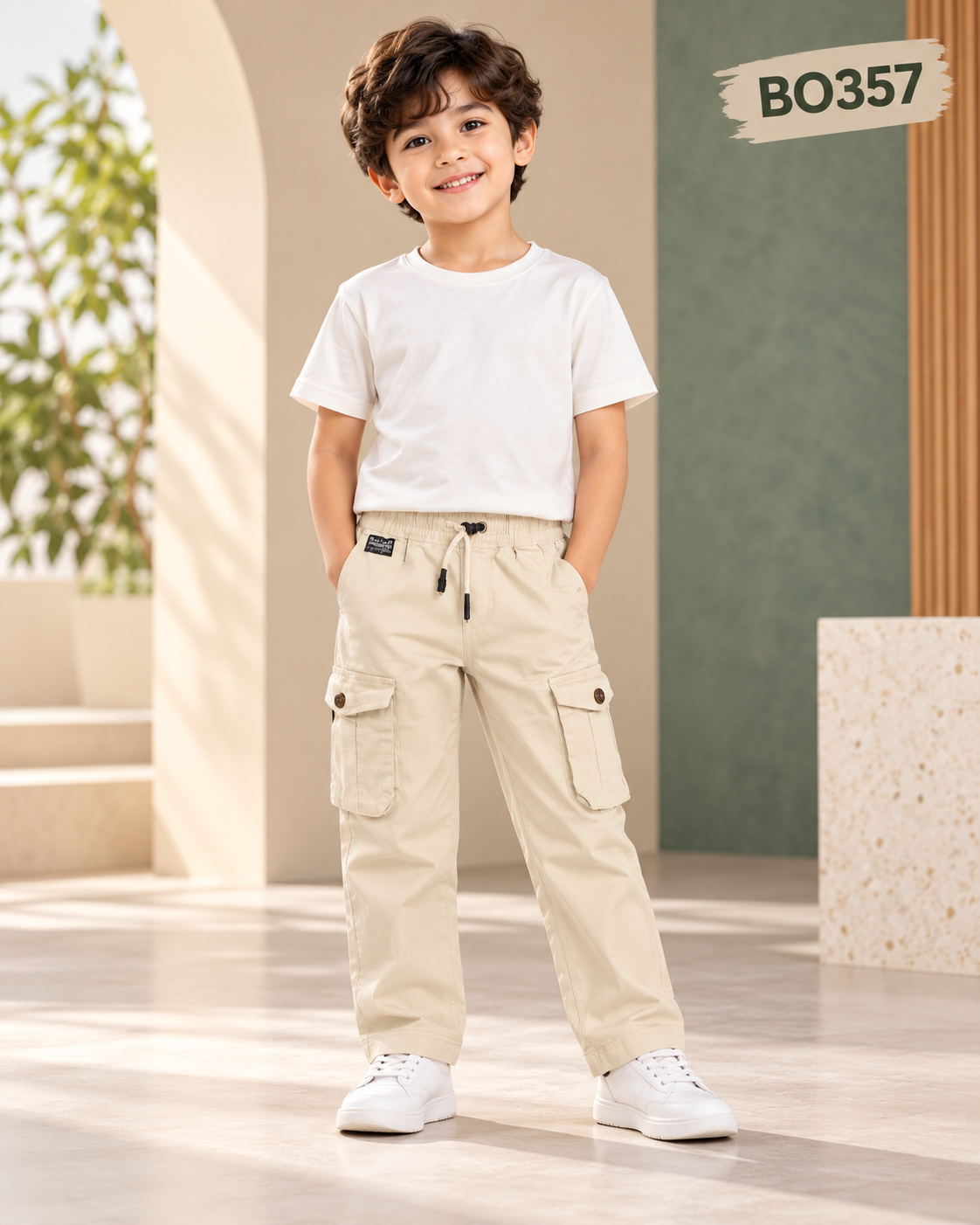 Boys Premium Beige Cargo Pants-BO357