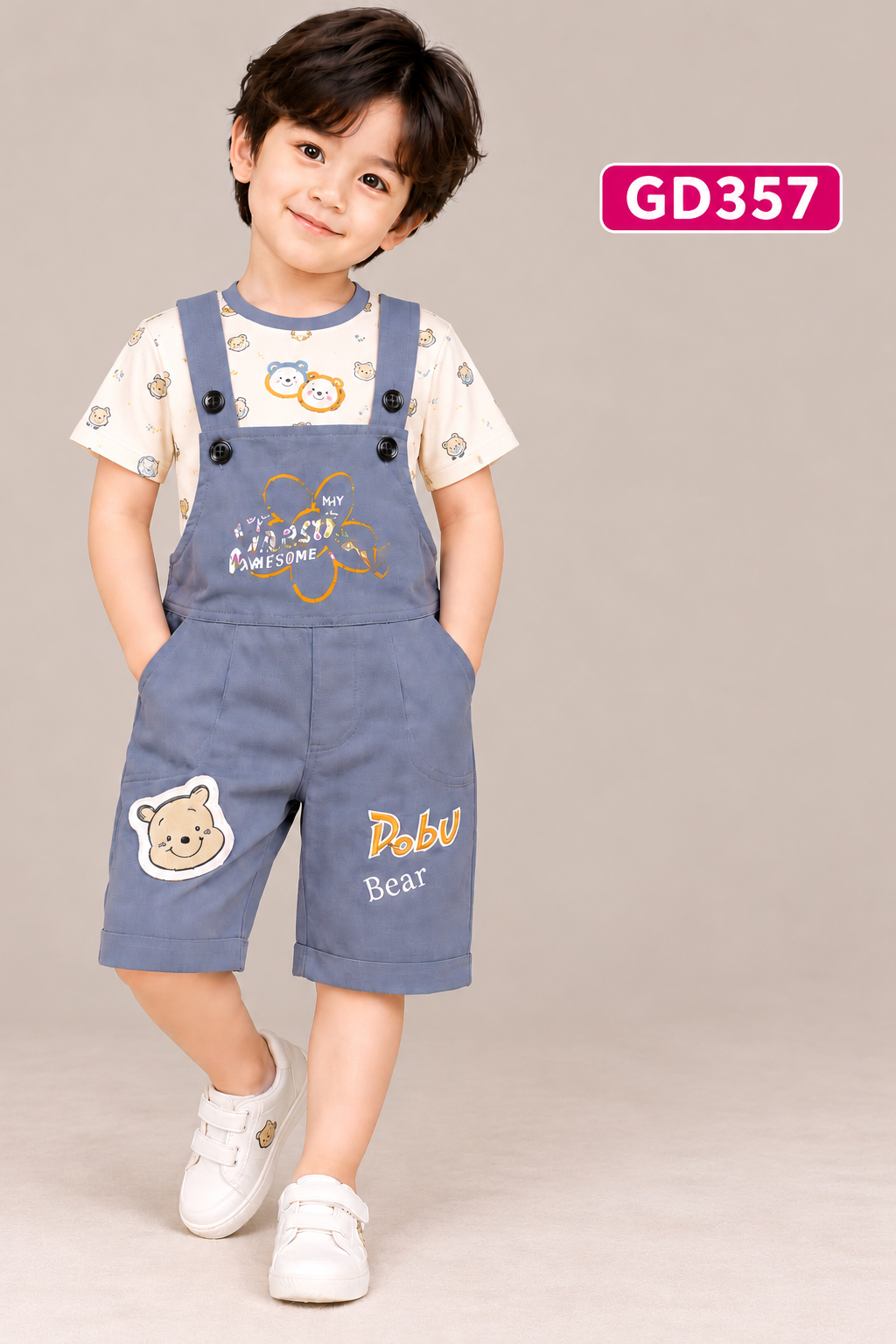 Boys Premium Bear Print T-Shirt & Dungaree Shorts Set – GD357
