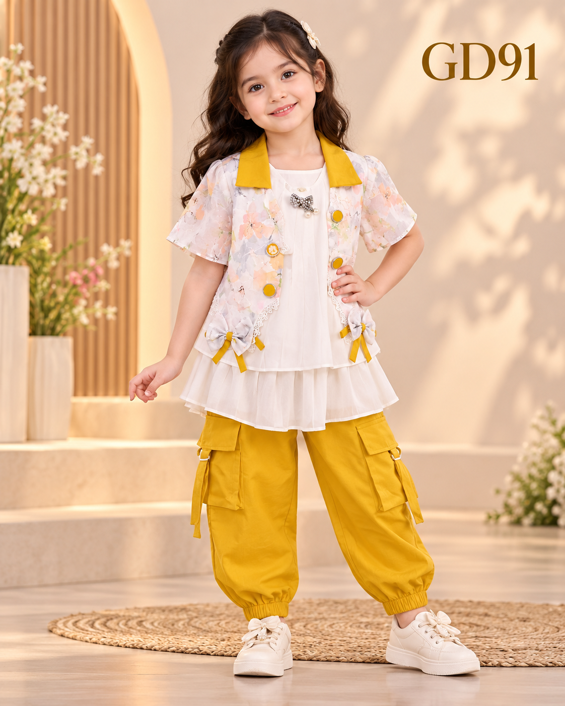 Premium Girls Floral Layered Top & Cargo Pant Set – GD91